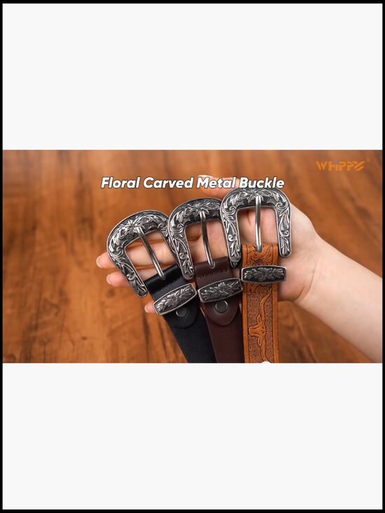 Vintage Western Belt Floral Carved Buckle Leather Waist Accessory Y2K
